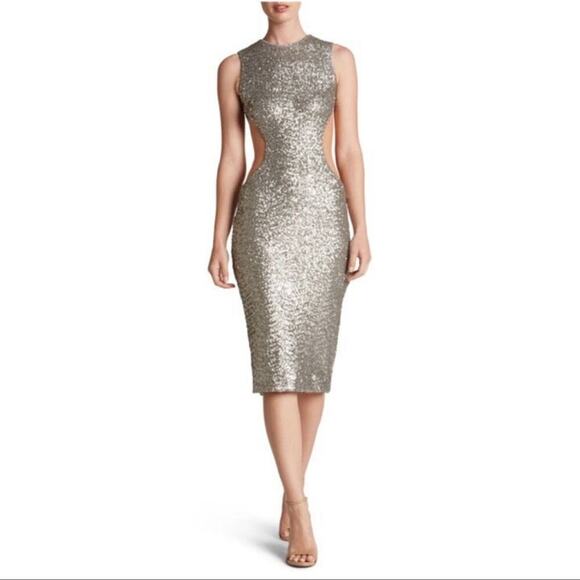 New Dress the Population Ryan Sequin Platinum Gunmetal Mesh Insert Midi Dress M - Picture 8 of 11
